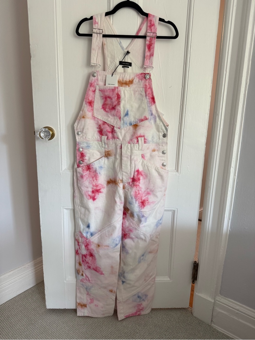 Isabel Marant White Denim Tie-Dye Overalls with Pink, Blue & Brown Accents